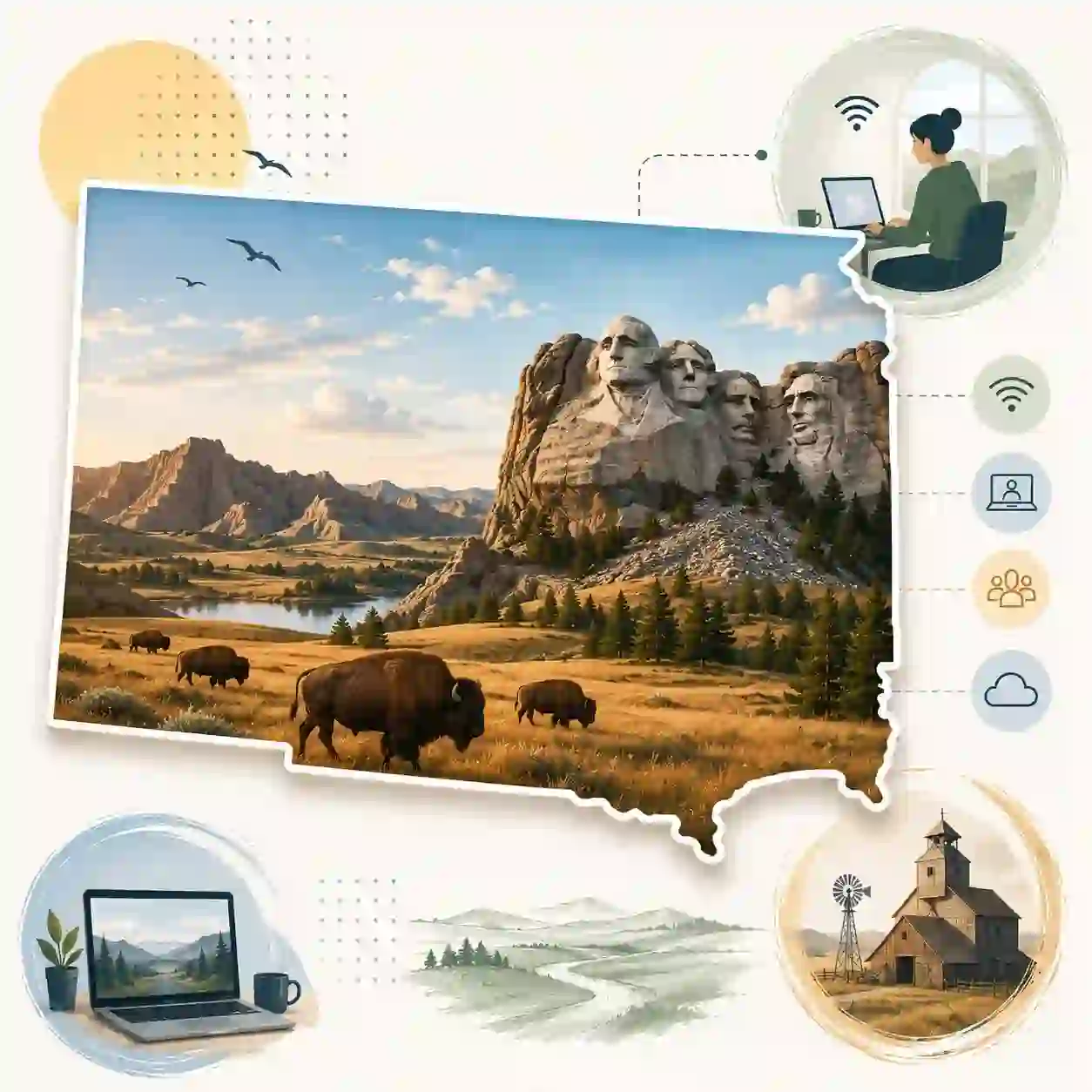 South Dakota state map with icons for mobile, office, remote team and call center connected to a central phone pin